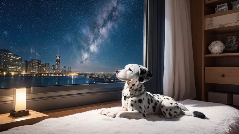 disney pixar style、Grey color、Cute Dalmatian、close your eyes、Sleeping on a fluffy sofa。I am having lovely dreams。The background is a night view、inside the room of、Outside the window、An image of a shining starry sky。