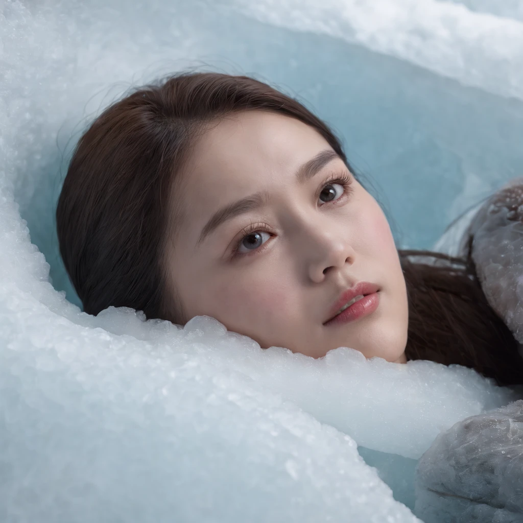 A stunningly beautiful Chinese woman in a frozen laboratory chamber of Unit 731 in Harbin, Manchuria, China in 1941, her body encased in thick, rigid ice, lying down with tears in her eyes but shivering in fear, mouth agape, (best quality,4k,8k,highres,masterpiece:1.2),ultra-detailed,(realistic,photorealistic,photo-realistic:1.37),HDR,UHD,studio lighting,ultra-fine painting,sharp focus,physically-based rendering,extreme detail description,professional,vivid colors,bokeh,horror,photography