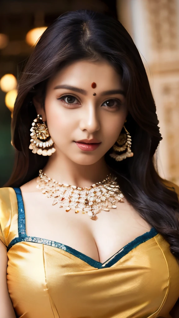 a woman in a sari posing for a picture, Bollywood goddess, traditional beauty, beautiful goddess, ornate cosplay, super model, beautiful maiden, gorgeous woman, provocative gorgeous beautiful woman, intricate outfit, hindu aesthetic, beautiful girl, extremely detailed goddess shot, jaw-dropping beauty, gorgeous face eyes nose lips body, big boobs deep cleavage sexy navel big hips, chubby girl, uhd 8K highest resolution highest quality, shiny skin, highly detailed, hyper realistic, thick girl, plus size model 