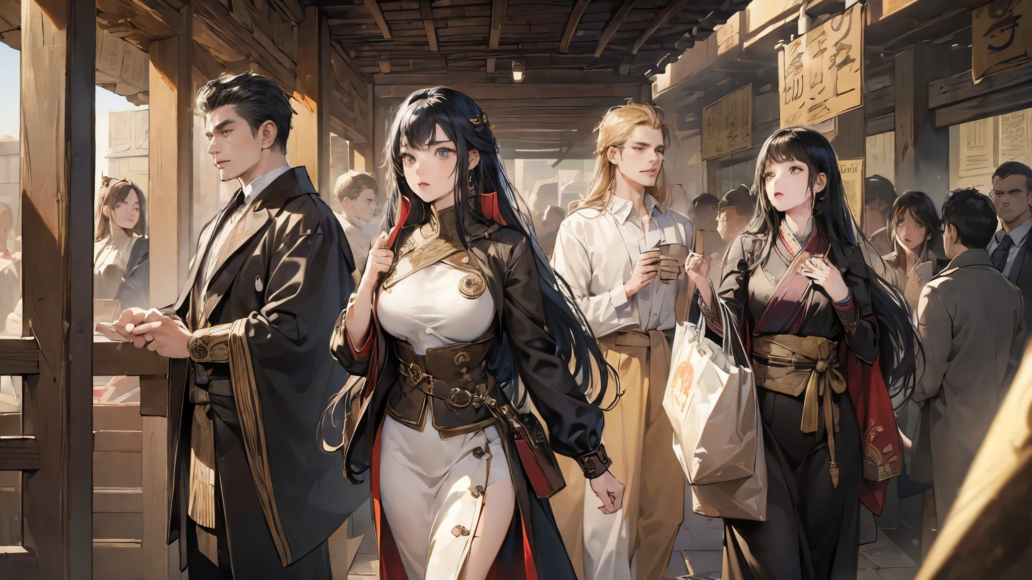 ((background only:2.0))(perfect anatomy:1.2)(absurdres, highres, ultra detailed),masterpiece,best quality,high resolution,8k,Realistic face,Realistic skin texture,magnified textures, stunning clarity,(ultra detailed eyes and face),3 man and 2 lady ,(crowd:1.2),(frightened expression),look at viewer,Steampunk in the Edo Period、(vivid hieroglyphの看板と街頭広告:1.2)、busy、autumn、hieroglyph,souk、Shopping Street、Ancient Egyptian statues,Daytime、
