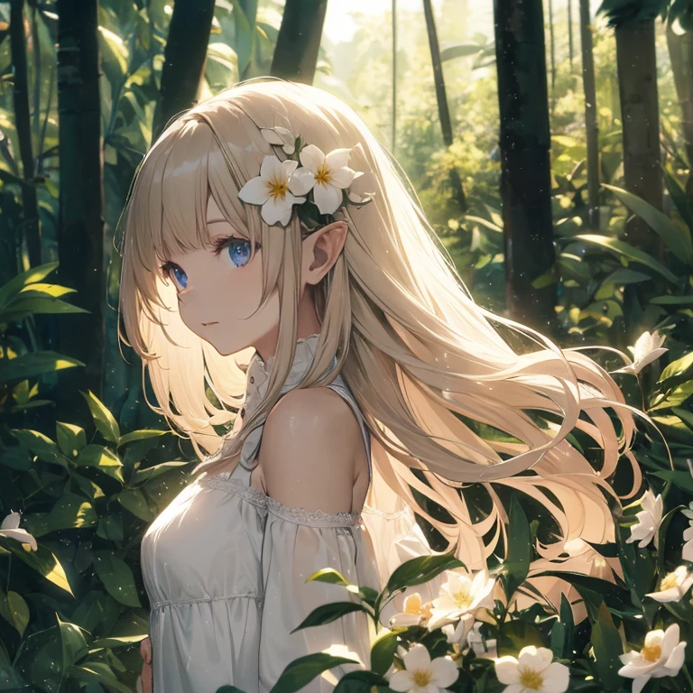 (8k), (masterpiece), (best quality), (super details), (award winning), (game illustration), (greeting face), lens flare, glowing light, woman in a noble dress standing in the woods with flower, modeling shoot, beautiful girl, elf girl, (beautiful face:0.8), slender girl, pale skin curly blond hair, (off shoulder), (small breast)