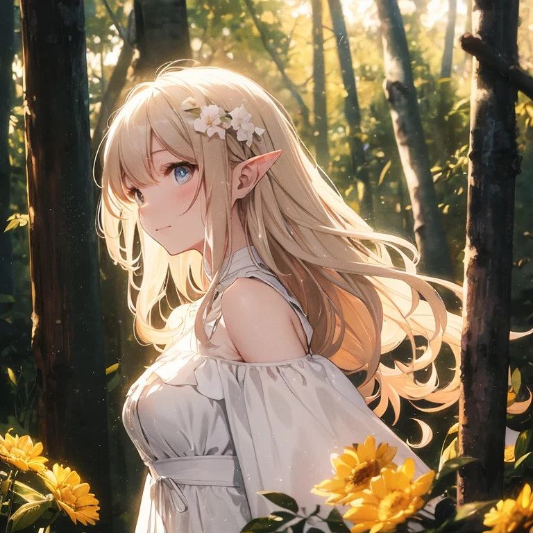 (8k), (masterpiece), (best quality), (super details), (award winning), (game illustration), (greeting face), lens flare, glowing light, woman in a noble dress standing in the woods with flower, modeling shoot, beautiful girl, elf girl, (beautiful face:0.8), slender girl, pale skin curly blond hair, (off shoulder), (small breast)