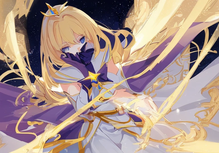 a drawing of a woman dressed up with a cape and a star, inspired by Li Chevalier, Inspired by star guardian, shaded cell!!!, shaded cell!!!, sailor galaxy. Beautiful, very detailed exquisite fanart, Beautiful celestial mage, sky witch, like a retro futuristic heroine, inspired by sailor moon, portrait of an anime heroine, ethereal astral, yellow stars, beautiful blonde girl with blue eyes, yellow suit, red belt, anime with clean and thin lines, black mask