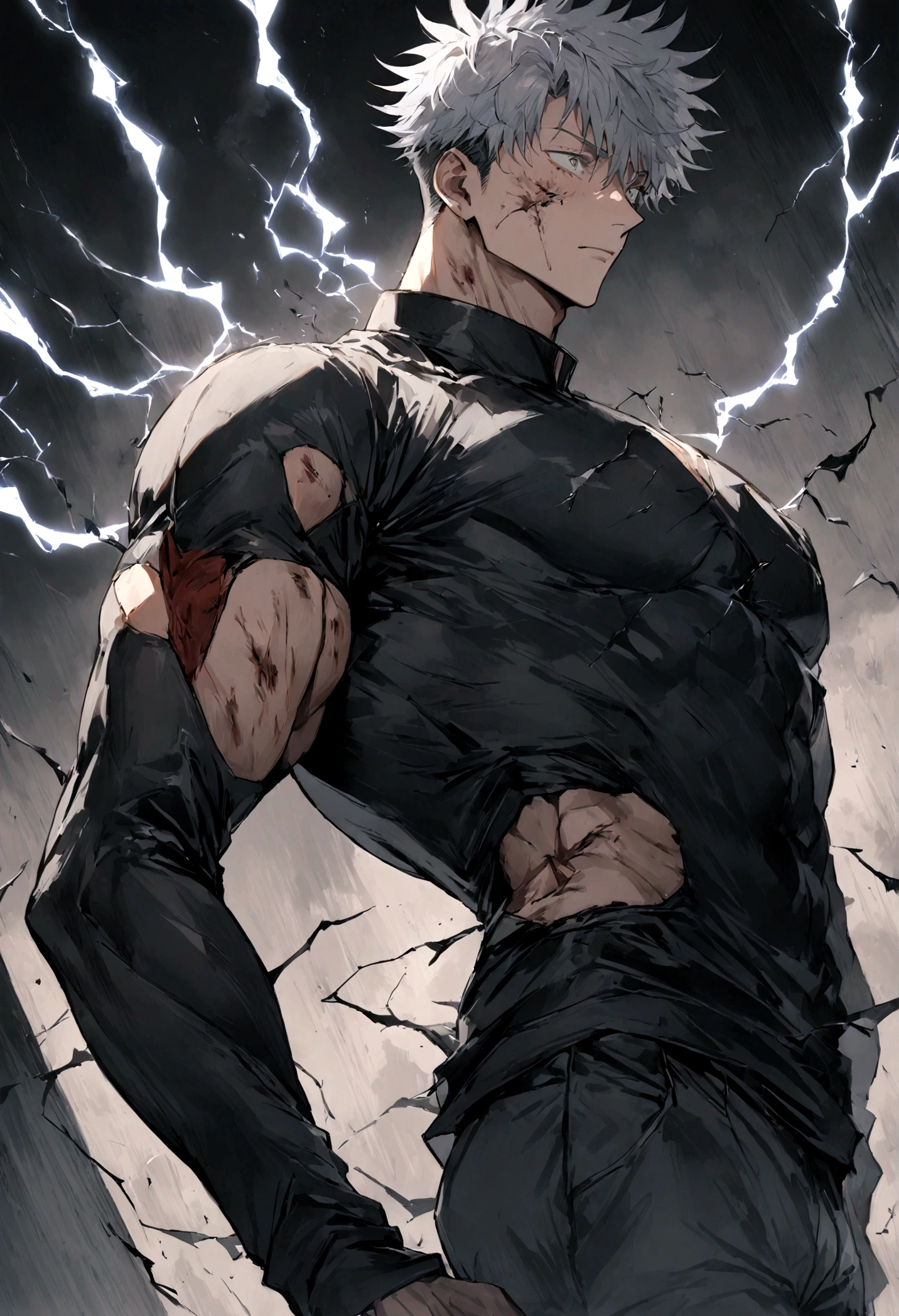 1 boy, Men's Center, Satoru gojou,Jujutsu Kaisen、Injury, electricity,, masterpiece, highest quality, so beautiful,、cool、、strongest、