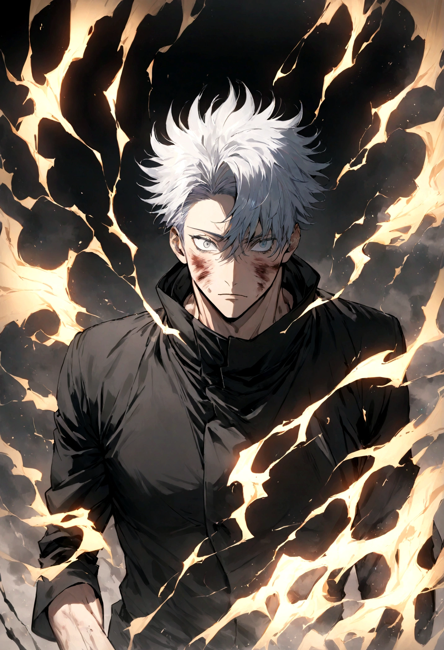 1 boy, Men's Center, Satoru gojou,Jujutsu Kaisen、Injury, electricity,, masterpiece, highest quality, so beautiful,、cool、、strongest、