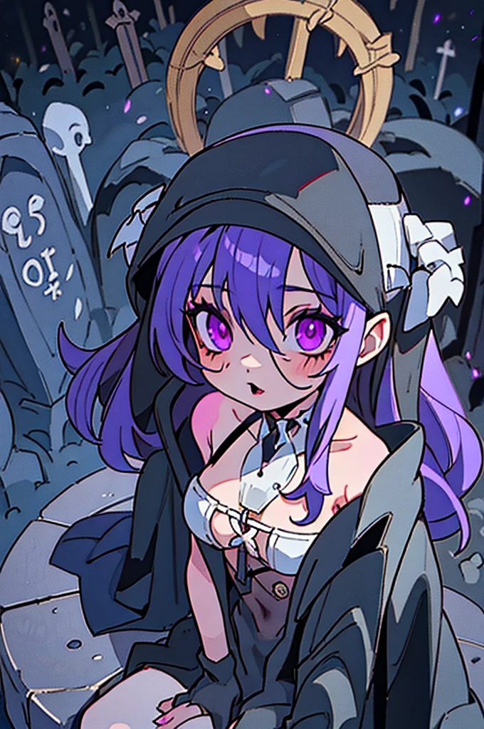 1girl, necromancer, dark robes, gloves, fishnets, dark veil, purple hair, purple eyes, black lipstick, in a graveyard, black flowers, gothic, horror, dynamic view