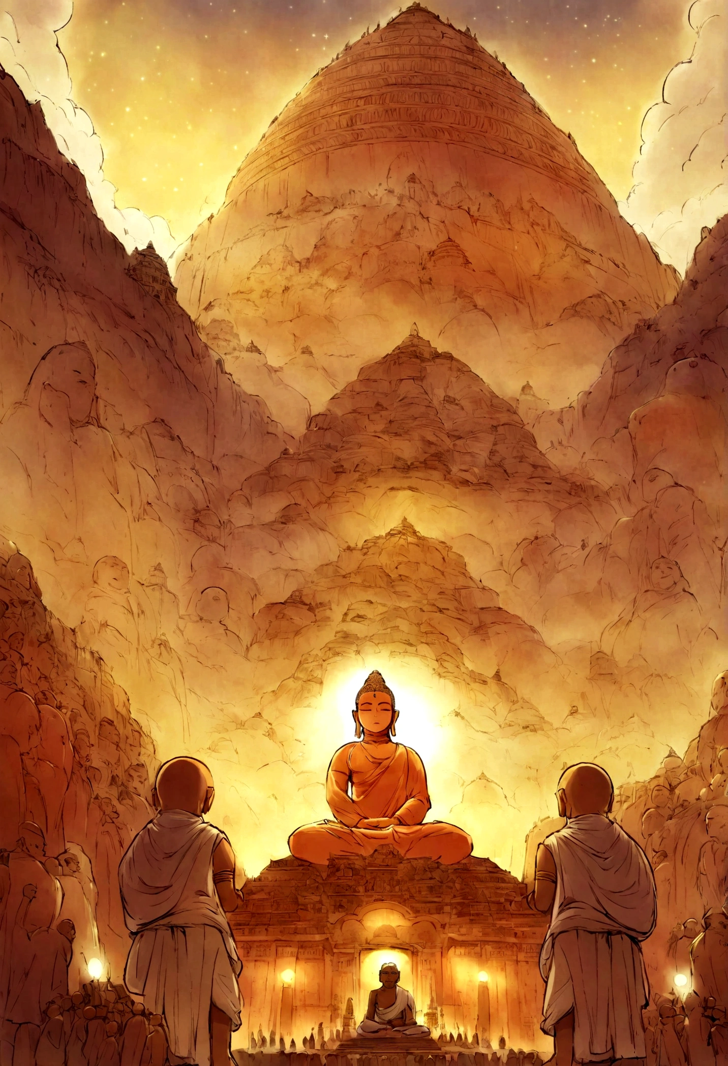 People Listening to Buddha, Magnificent Buddhist temple in the background,Tower of Babel,Ancient India, Mystical temple, monks, glowing temple in distance, , buddhism, A meditative, budista, mystical setting, mysterious temple setting