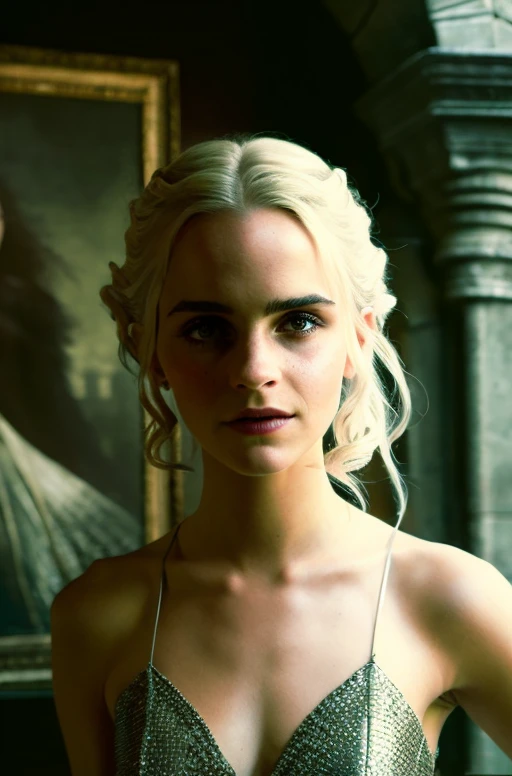 Foto Mid Shot retrato solo de [Emma Watson] as [daenerys targaryen] like a real life version (daenerys targaryen), Cabelo loiro Targaryen, com (vestido sexy), (decote sexy mostrando parte dos seios), sorriso charmoso, by Hubert Robert and Alex Timmermans ultra realistic photography highly detailed intricate photorealistic style sharp focus on eyes, cinematic lighting