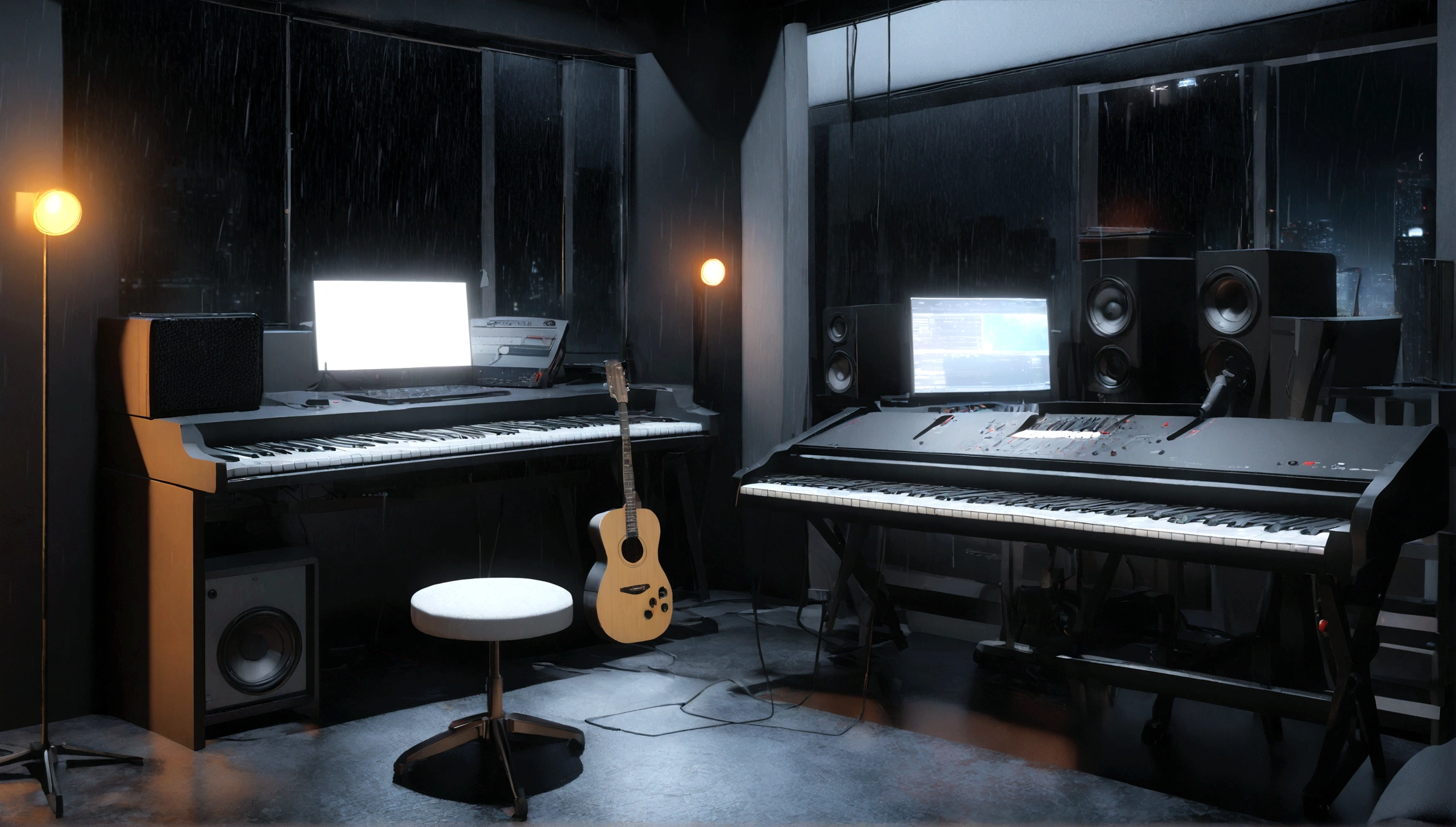 There is a music studio room with a desk,darkroom, night, , keyboard, earphone, Monitor the speaker, piano, Guitar,Small lights, background, sofa,, rain, Night Sky, Night City, unmanned, high resolution, Super sharp, 8K, masterpiece,3d rendering