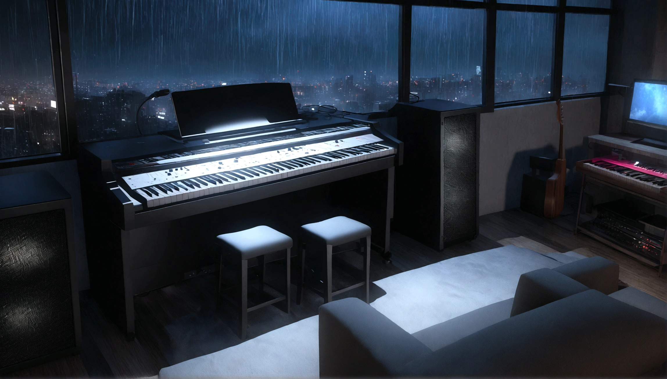 There is a music studio room with a desk,darkroom, night, , keyboard, earphone, Monitor the speaker, piano, Guitar，Small lights, background, sofa,, rain, Night Sky, Night City, unmanned, high resolution, Super sharp, 8K, masterpiece,3d rendering