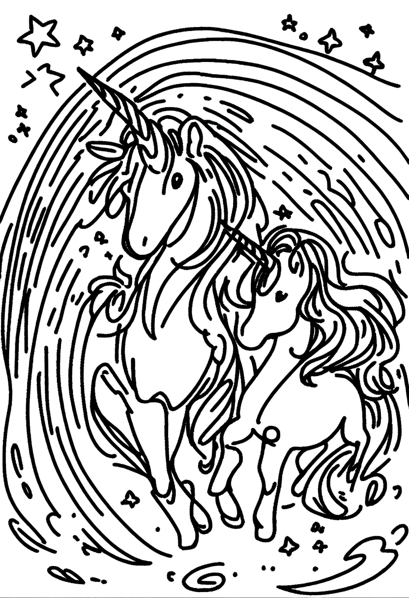 different unicorns surrounded by rainbows, coloring page for kids, line art, no color, white background