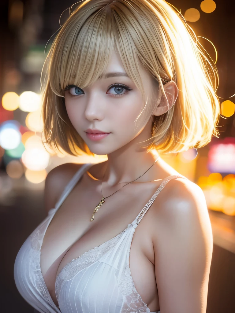 Curly Bob Cut, Realistic, Orange Shirt,A woman with platinum blonde hair poses for a photo in the street, High definition,High resolution, 8K Art Jam Bokeh, well-proportioned body, 美しいJapanese women, Gorgeous Necklace, Be aware of your chest,美しい若いJapanese women, Soft Portrait Shot 8k, Japanese Girls, Double eyelids and narrow eyes, beautiful grey eyes, 8K, Cute young woman, Japanese women, Beautiful blonde girl