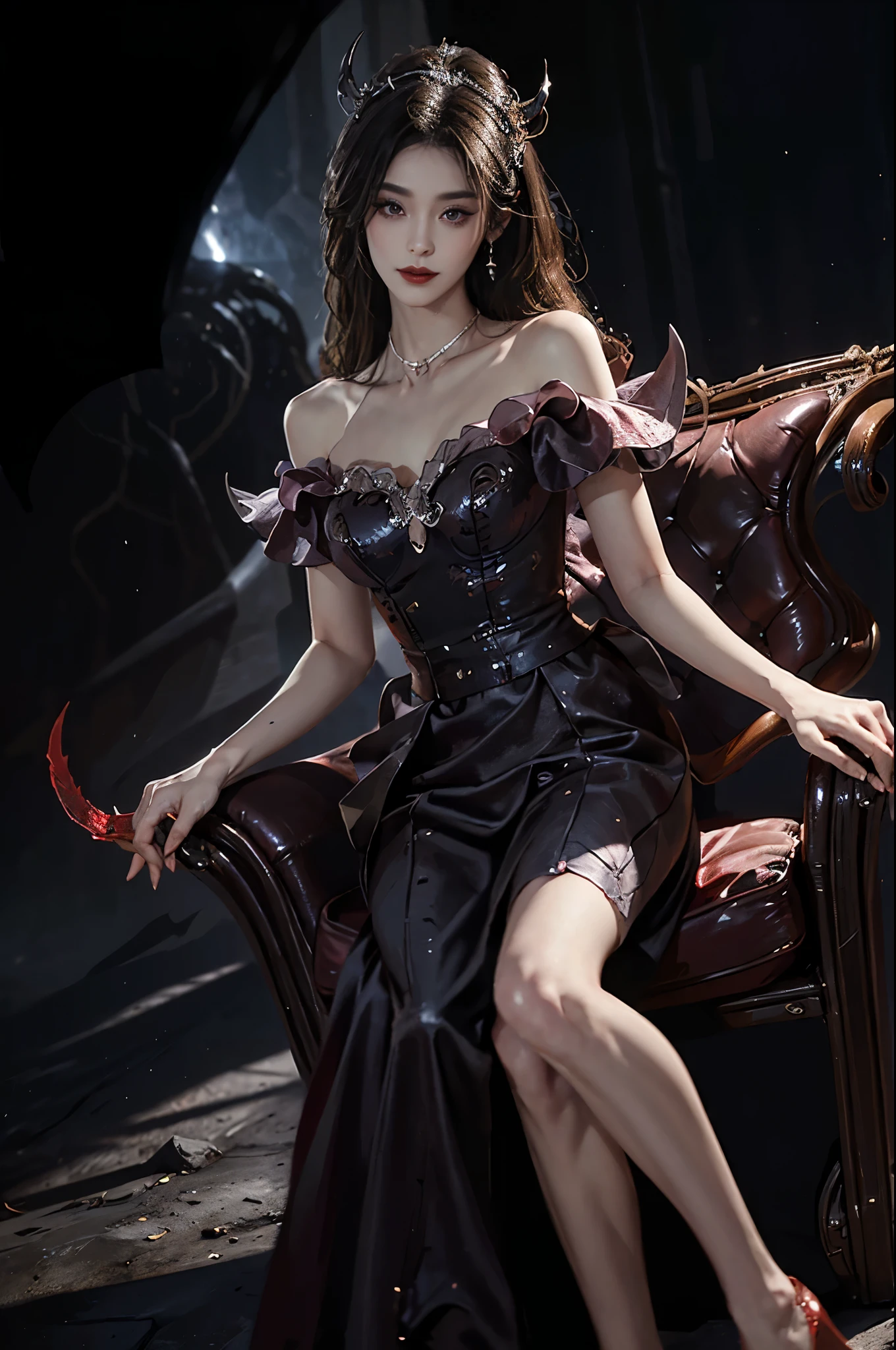 skirt, Beautiful demon woman from hell, (in the darkness: 1.6), 大卫霍克尼和阿尔方斯穆夏的Surrealism女性portrait, Fantasy Art, Korean Doll, Photorealism, Dynamic Lighting, Art Station, poster, Volumetric Lighting, Very rich facial details, 8K, in the darkness, Deep Shadows, low pitch, (Shot in the knee), long hair, Black Hair, Luxurious Palace, Royal style, Demon Crown, The red eye makeup is very vivid and detailed, the most beautiful face, Normal breast, Surrealism, Charming smile, The eye makeup is beautiful, Gurwitz, Devil style, Red-black lips, Shoulder devil tattoo, Gloomy weather，Thunder, (portrait), Close-up of the protagonist, (Background details 1.8),