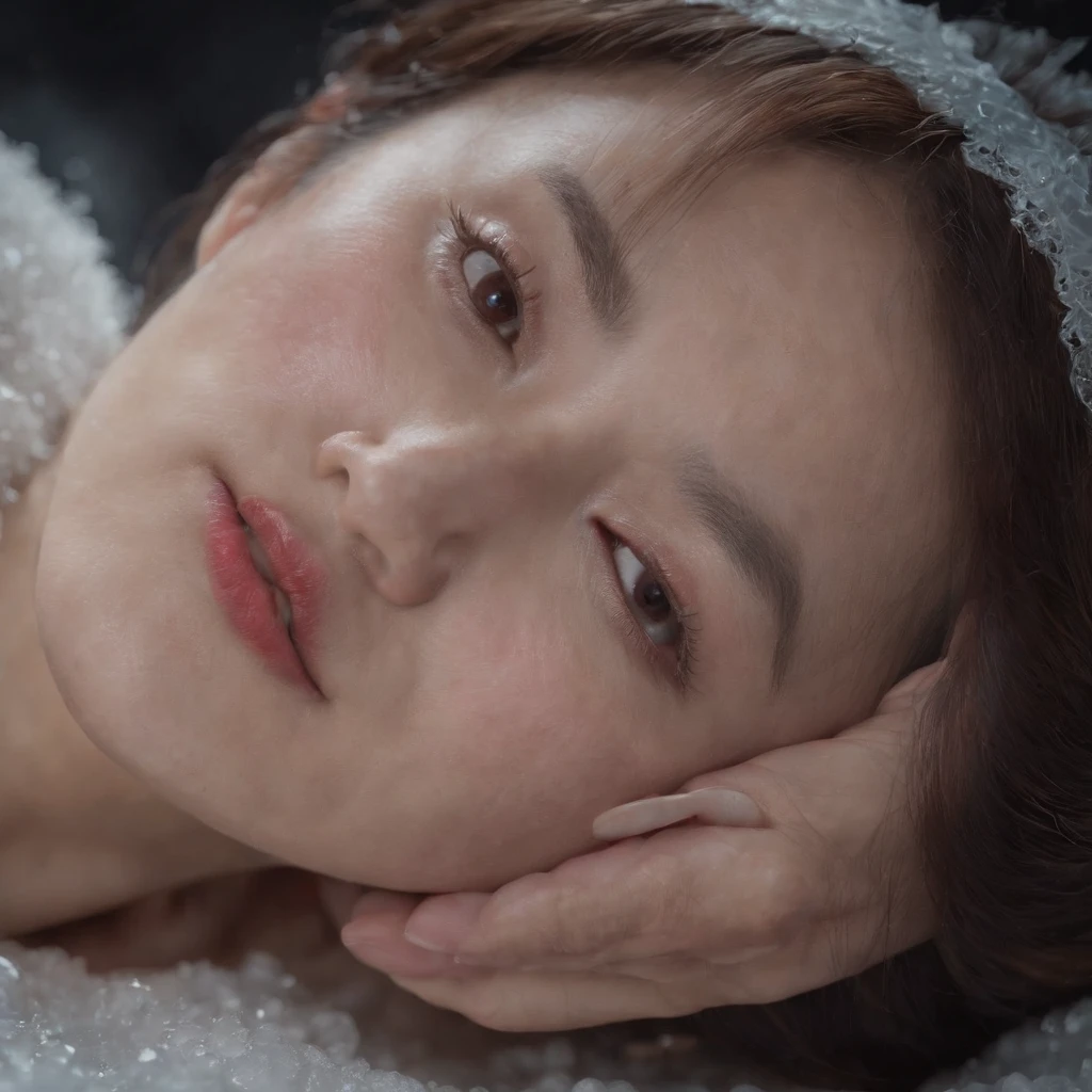 beautiful Chinese woman, frozen laboratory chamber prison, Unit 731 in Harbin Manchuria China 1941, body freeze to death, encased in thick rigid ice, lying down with tears in eyes, shivering in fear, open mouth, best quality, 4k, 8k, highres, masterpiece, ultra-detailed, realistic, photorealistic, photo-realistic, HDR, UHD, studio lighting, ultra-fine painting, sharp focus, physically-based rendering, extreme detail description, professional, vivid colors, bokeh, horror, photography