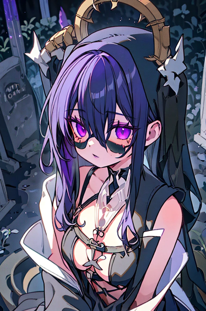 1girl, necromancer, dark robes, gloves, fishnets, dark veil, purple hair, purple eyes, black lipstick, in a graveyard, black flowers, gothic, horror, dynamic view