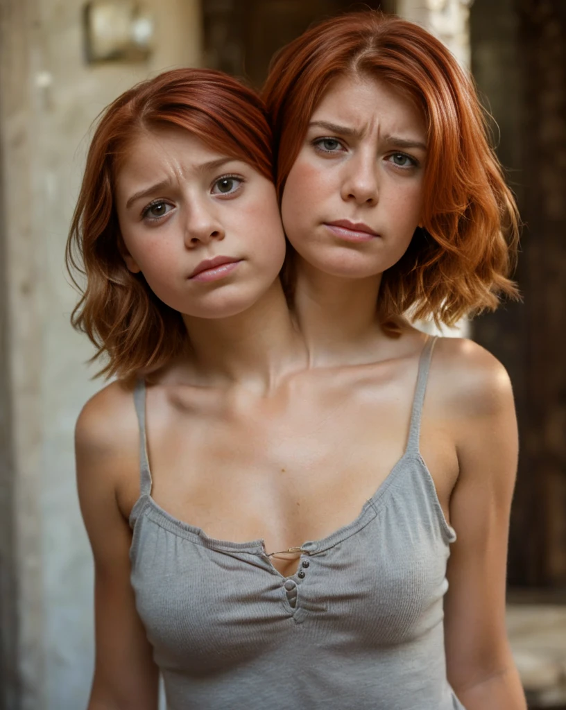 Two headed girl, (one head 10 year old girl:1.5), (one head 35 years old:1.5), (a redhead and a brunette:1.3), (uncomfortable and annoyed:1.3)