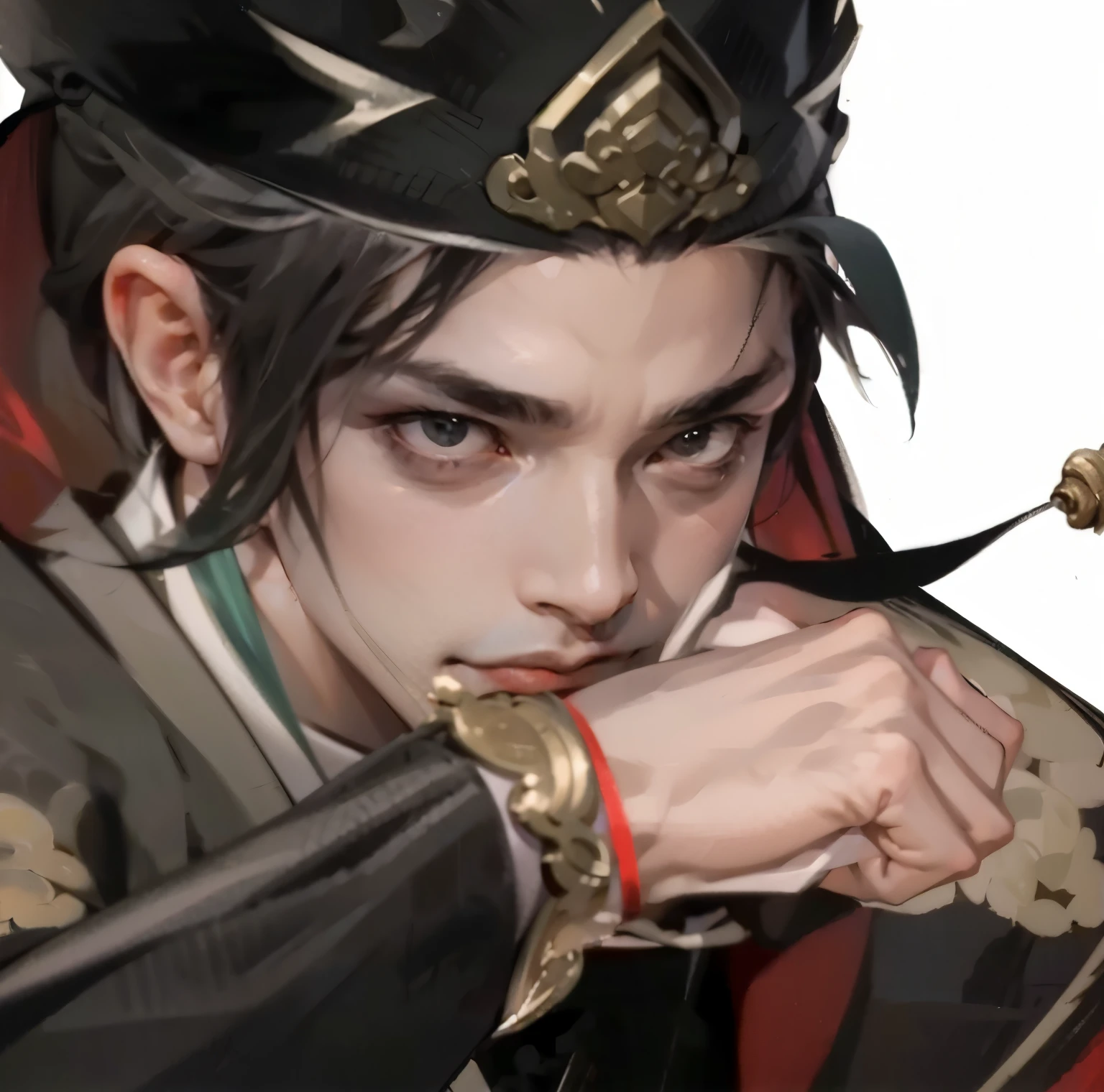 high quality, ,Meticulous portrayal,Clear structure,Clear structure的,Precise construction,,Flying fish suit,Chinese style clothing,Stylish cut,Head down,Wiping the corner of mouth,Refinement,Middle-aged man,frown,serious