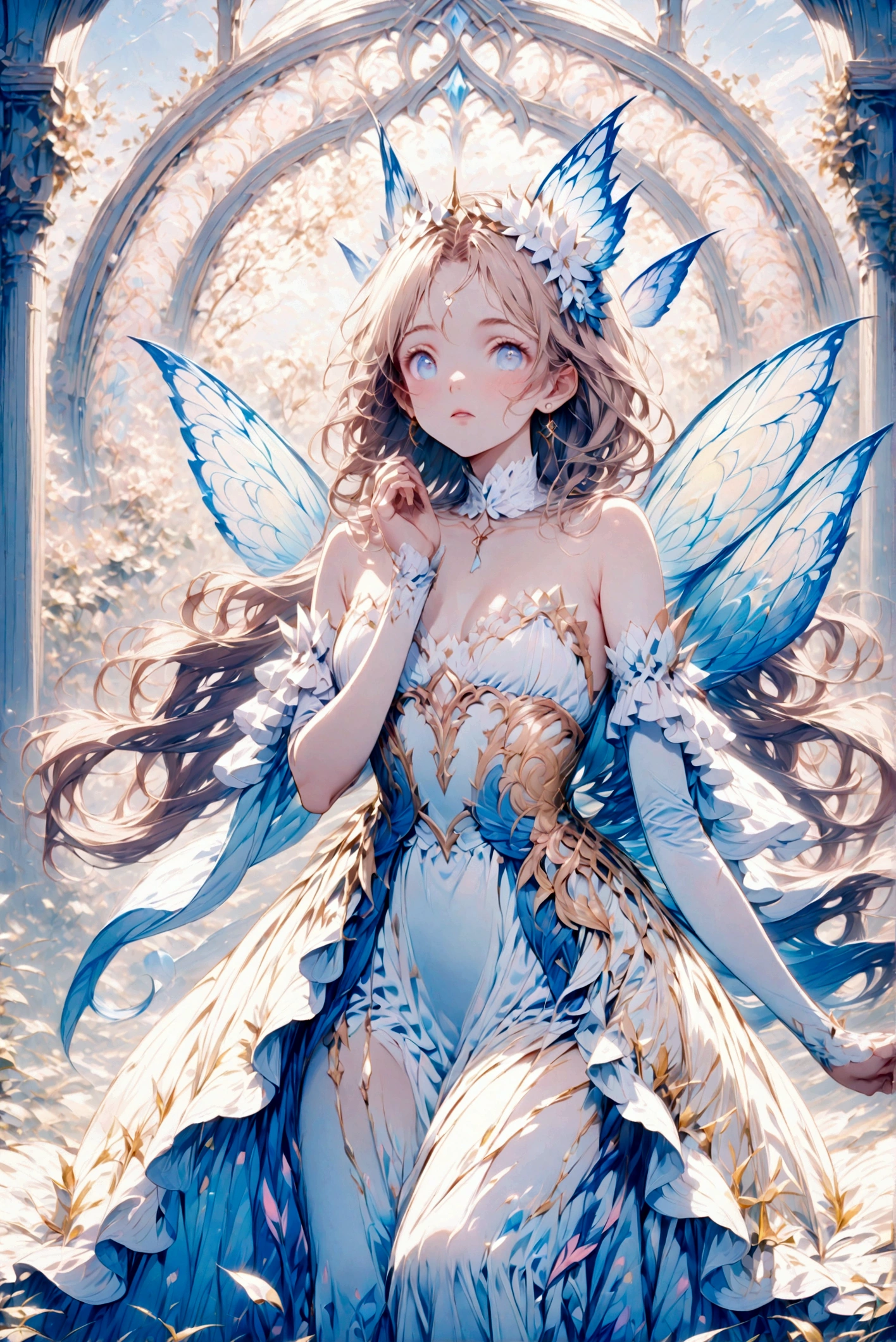 In a flowery glade、Wearing a gorgeous dress with colorful translucent wings、Hall々A beautiful and sensual fairy, Glowworms, (Arkan Nayle:1.4), (Written by William Turner:1.2), (Claude Monet:1.2), (Henry Asensio:1.1), (Edgar Degas:1.1), (Pierre-Auguste Renoir:1.1), (By Gustav Klimt:1.1), (By Alphonse Mucha:1.1), Art Nouveau, Golden Hour, Front lighting, Side lighting, amazing, dramatic, dynamic, Mythical, Legendary, Mysterious, dream-like, movieのような写実的な, 8K UHD Natural Light, born, rich, Intricate details, Key Visual, Atmospheric lighting, 35mm Photography, movie, Bokeh, Professional, 4K, Very detailed