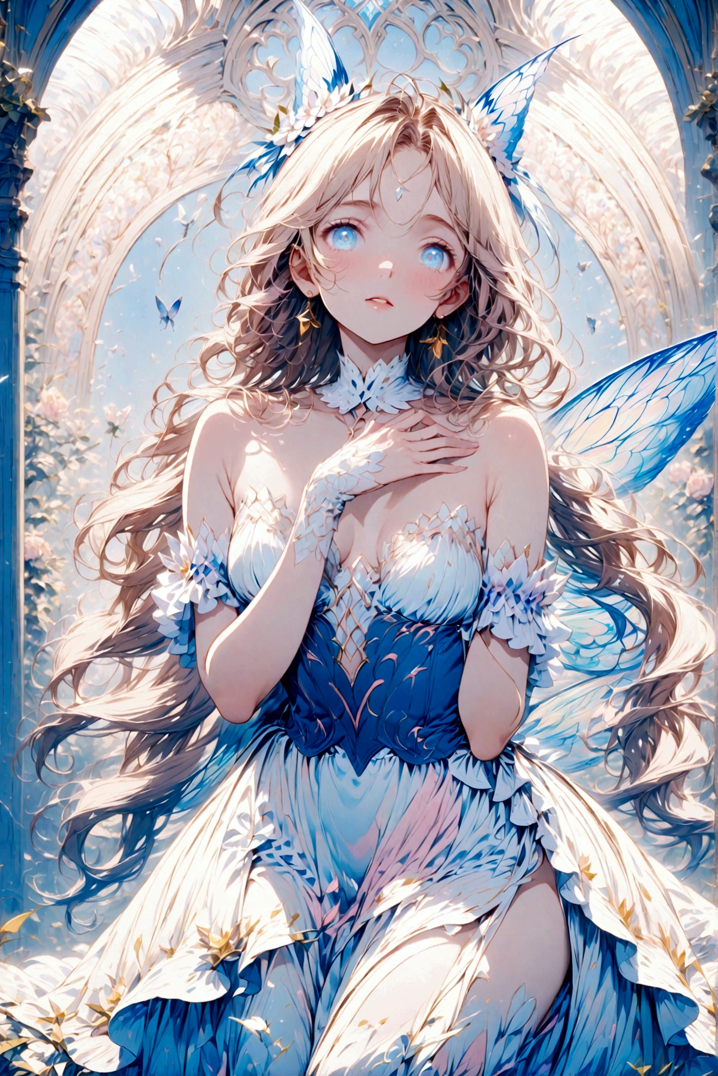 In a flowery glade、Wearing a gorgeous dress with colorful translucent wings、Hall々A beautiful and sensual fairy, Glowworms, (Arkan Nayle:1.4), (Written by William Turner:1.2), (Claude Monet:1.2), (Henry Asensio:1.1), (Edgar Degas:1.1), (Pierre-Auguste Renoir:1.1), (By Gustav Klimt:1.1), (By Alphonse Mucha:1.1), Art Nouveau, Golden Hour, Front lighting, Side lighting, amazing, dramatic, dynamic, Mythical, Legendary, Mysterious, dream-like, movieのような写実的な, 8K UHD Natural Light, born, rich, Intricate details, Key Visual, Atmospheric lighting, 35mm Photography, movie, Bokeh, Professional, 4K, Very detailed