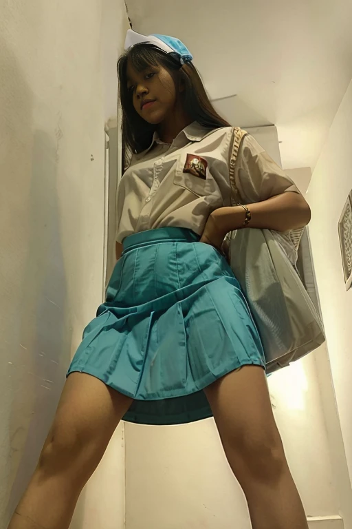 Indonesian face girl, lifting skirt, Girl standing, low angel from below, open crossing leg, seeing panties on skirt, visible panties, using panties.