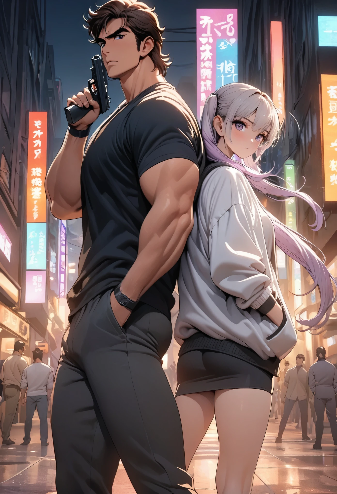 City Hunter Style,A handsome man with his hands in his pockets and a girl with purple and white gradient pigtails standing back to back,side,With a pistol in hand,Close shot,Night city street background,comics,colorful,High Saturation,日本comics家北条司风格,北条司comics艺术风格,Thick coating,illumination,Super Fine,Ultra Detailed,complex,Dynamic perspective,8k,Best quality,HD Wallpapers