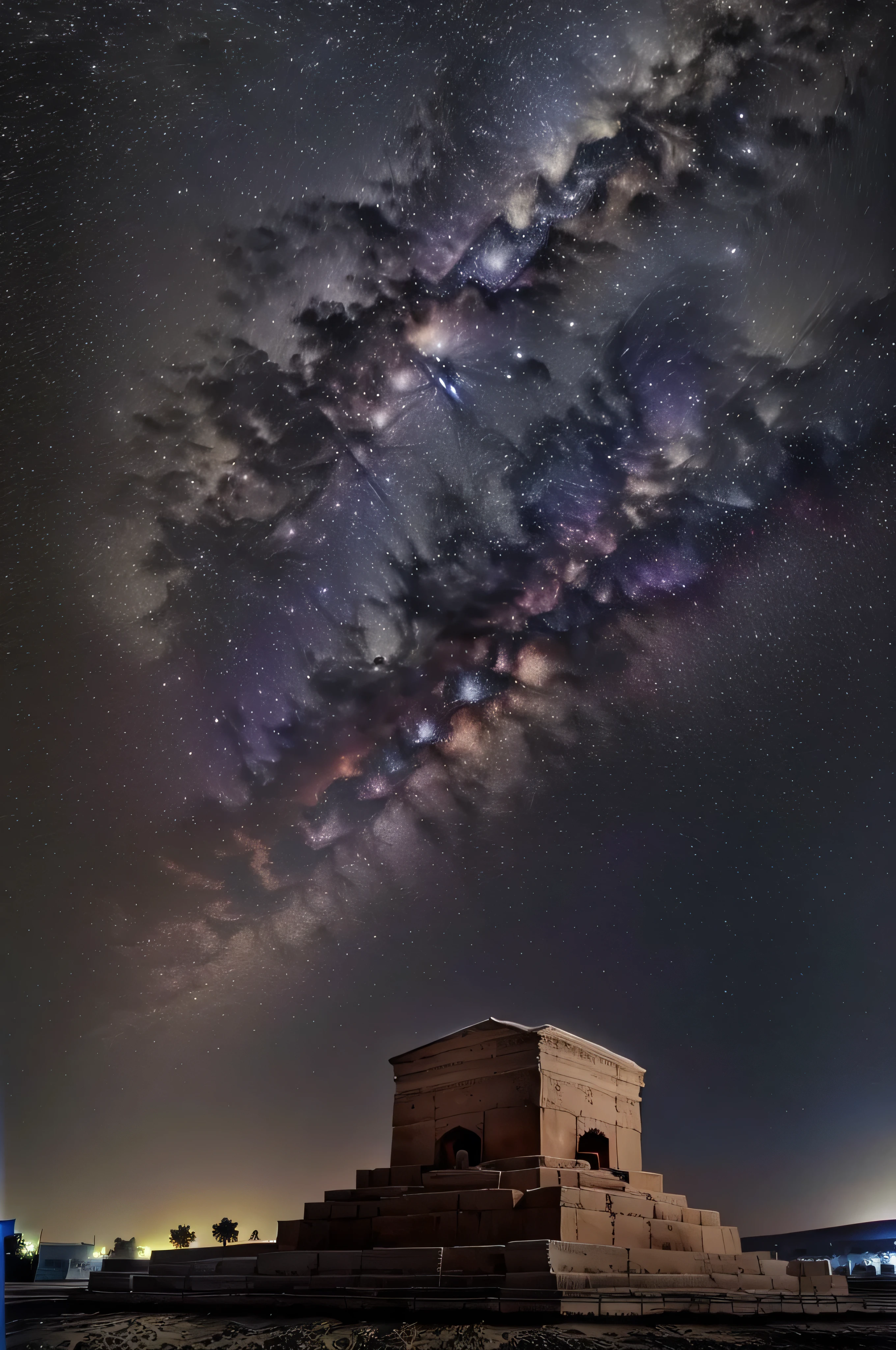 arafed view of a small structure with a sky of stars in the background, ancient persian city, by Ibrahim Kodra, ancient persian temple dungeon, by Abdullah Gërguri, mythical cosmic shrine, by Bernardino Mei, by Nevin Çokay, by Ras Akyem, sayem reza, astrophotgraphy, by Ahmed Karahisari