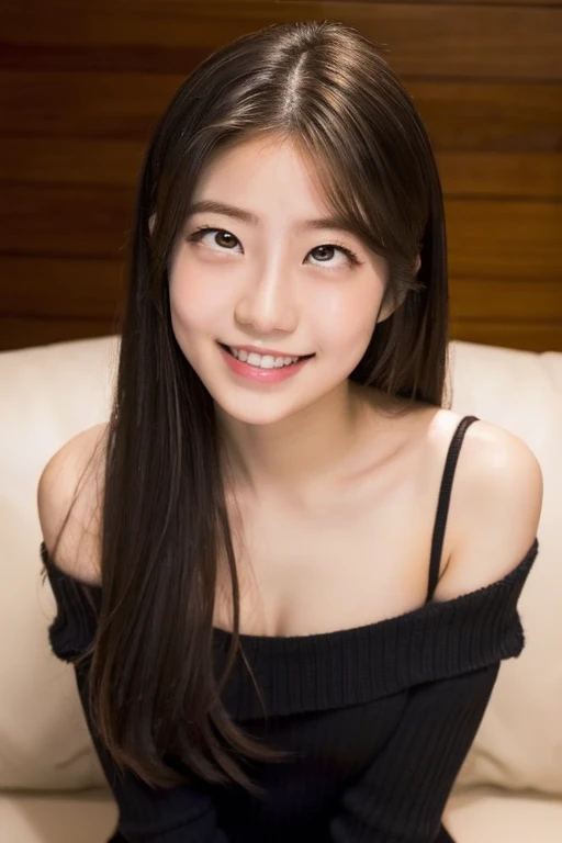 masterpiece, highest quality, 8k, Ultra-dense skin, Perfect Anatomy,Upper Body, Face close-up,cute,My Imada,1 girl,Long black hair,Straight hair,Oily, shiny skin,Smooth Skin,Looking at the audience,Sharp focus,focus on,Off-the-shoulder sweater,Shorts,On the sofa,15 years old,An innocent smile,double eyelid,Fine grain,Excited,Sexy pose,erotic