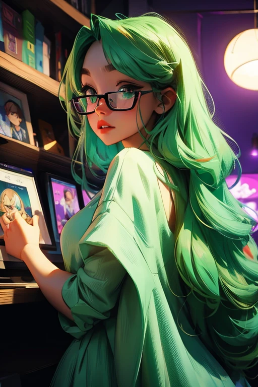 A green haired woman with violet eyes and glasses with an hourglass figure in a cute ta dress is playing video games at night 
