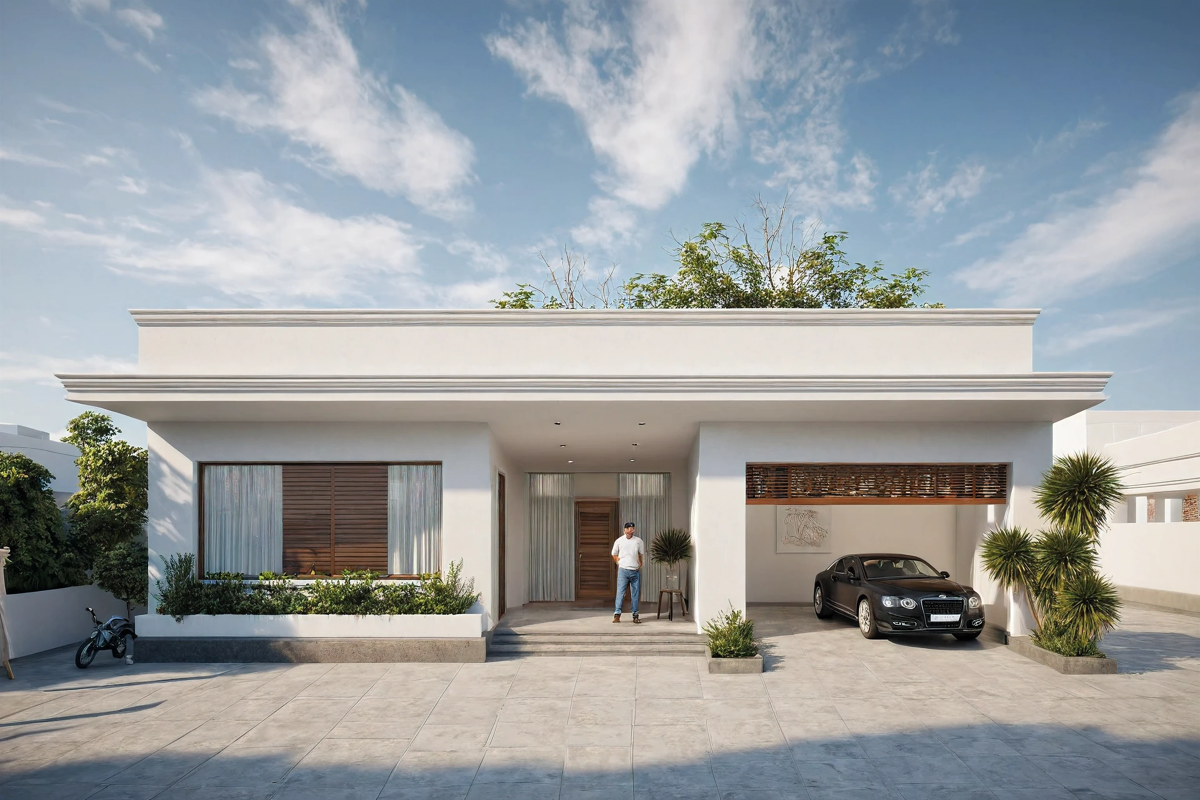 modern villa, modern style, exterior design, perspective view, white wall, (block sidewalks and asphalt roads), (next door neighbor's house), (sun light sky background), Low trees around the house, overall peaceful atmosphere cinematic photo, (Neutral lighting is suitable for the modern villa, light color thermometer sun light 5500 KEVIN), (architectural design visualization), (reflection), (focus on object), (material normal bump real reflection), (scattered light), (light ray), (multi-beam light), (sunbeam) (multi-level reflection), (chao vantge software visualization render),(((Best Quality))), ((Masterpiece)), ((best illustration)), ((best shadows)), ((Super Detail)), (Intricate lines), (Photorealism),(hyper detail), ((archdaily)), ((award winning design)), (dynamic light), ((day)), (perfect light), (shimering light), ((photorealistic)), ((intricate detail)), ((extreme detail)), ((science)), ((hyper-detail)), ((super detail)), ((super reality)), ((crazy detail)), ((octane render)), ((Cinematic)), ((trending on artstation)), ((High-fidelity)), ((Viwvid)), ((Crisp)), ((Bright)), ((Stunning)), ((Eye-catching)), ((High-quality)),((Sharp))((Bright)), ((Stunning)), Natural, ((Eye-catching)), ((Illuminating)), ((Flawless)), ((High-quality)),((Sharp edge render)), ((medium soft lighting)), ((photographic render)), ((detailed archviz)), Sunlight shines into the house, reality environment, spring setting, tropical style space, Aluminum gates, balcony doors, modern townhouse design windows