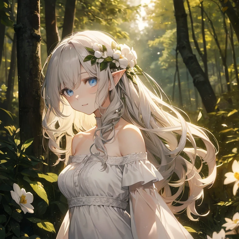 (8k), (masterpiece), (best quality), (super details), (award winning), (game illustration), (greeting face), lens flare, glowing light, silver hair, woman in a noble dress standing in the woods with flower, modeling shoot, beautiful girl, elf girl, (beautiful face:0.8), slender girl, pale skin curly blond hair, (off shoulder), (small breast)