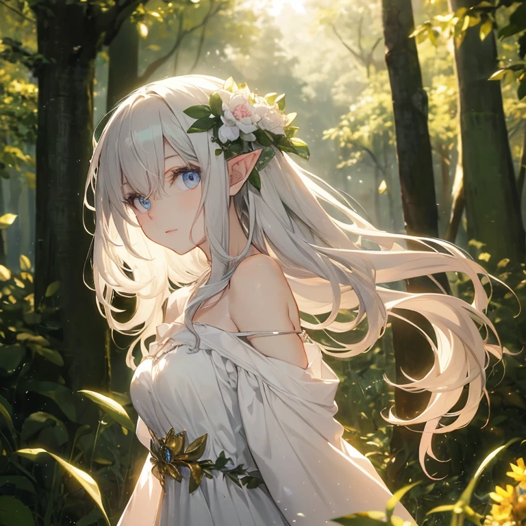 (8k), (masterpiece), (best quality), (super details), (award winning), (game illustration), (greeting face), lens flare, glowing light, silver hair, woman in a noble dress standing in the woods with flower, modeling shoot, beautiful girl, elf girl, (beautiful face:0.8), slender girl, pale skin curly blond hair, (off shoulder), (small breast)