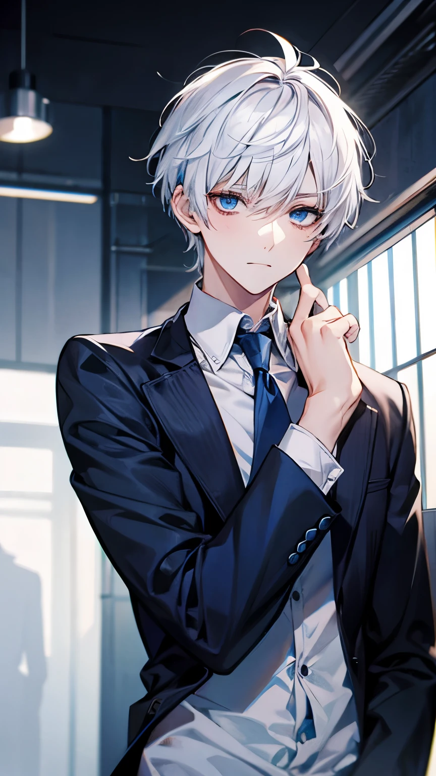 Blue eyes, white hair, male, short hair, two block hair, lecturer