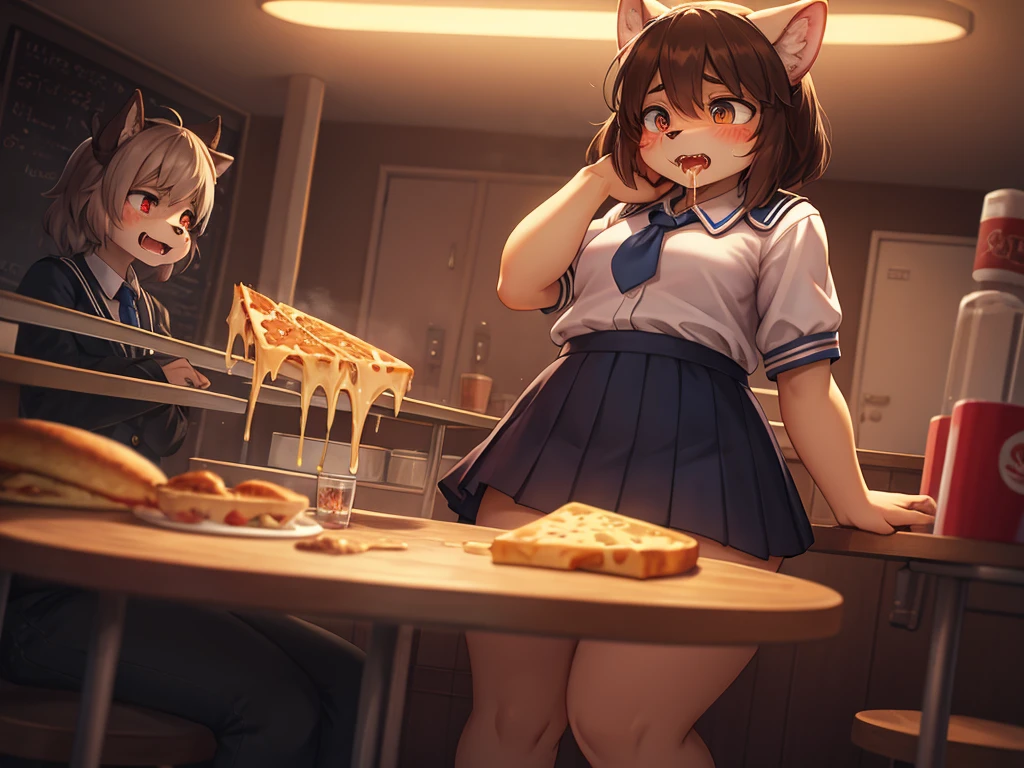 Hallucination, daydream , flashback , Delusions of grandeur , Shocking moment , bad trip , horror movie , Bokeh , school Sailor , skirt , messy chubby girl , flat chest , Swollen face , Eating pizza , diner , (dripping melted cheese) , Dirty eating habits , can not stand it any longer , I can't wait to eat it , Predator's Eyes , Disheveled clothing , Baring his fangs, he attacks the viewer , fps , Long muzzle , female , There are lots of highlights of the movie