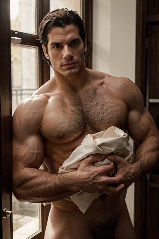 HenryCavill, desnudo. sudoroso. musculos grandes, carrying a naked  in his arms.