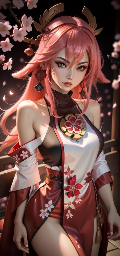 (Masterpiece, Excellent, 1 girl, solo, complex details, color difference), realism, ((medium breath)), off-the-shoulders, sexy, Yae Miko, long pink hair, red headdress, red highlight, hair above one eye, green eyes, earrings, sharp eyes, perfectly symmetrical figure, choker, neon shirt, open jacket, turtleneck sweater, against the wall, brick wall, graffiti, dim lighting, alley, looking at the audience, ((mean, seductive, charming)), ((cherry blossom background ))), ((Japanese temple background)))), (((Glow-in-the-dark background)))