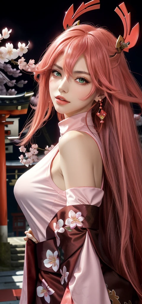 (Masterpiece, Excellent, 1 girl, solo, complex details, color difference), realism, ((medium breath)), off-the-shoulders, sexy, Yae Miko, long pink hair, red headdress, red highlight, hair above one eye, green eyes, earrings, sharp eyes, perfectly symmetrical figure, choker, neon shirt, open jacket, turtleneck sweater, against the wall, brick wall, graffiti, dim lighting, alley, looking at the audience, ((mean, seductive, charming)), ((cherry blossom background ))), ((Japanese temple background)))), (((Glow-in-the-dark background)))