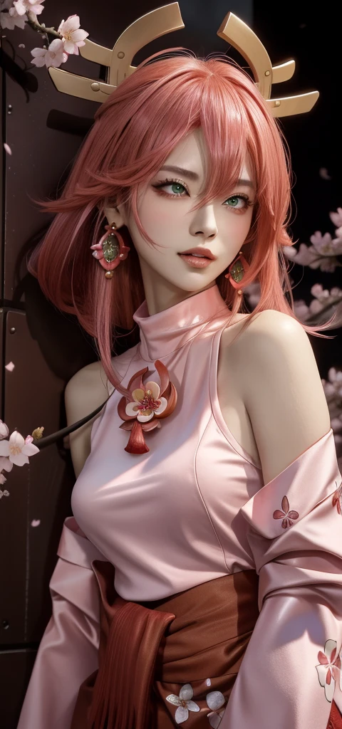 (Masterpiece, Excellent, 1 girl, solo, complex details, color difference), realism, ((medium breath)), off-the-shoulders, sexy, Yae Miko, long pink hair, red headdress, red highlight, hair above one eye, green eyes, earrings, sharp eyes, perfectly symmetrical figure, choker, neon shirt, open jacket, turtleneck sweater, against the wall, brick wall, graffiti, dim lighting, alley, looking at the audience, ((mean, seductive, charming)), ((cherry blossom background ))), ((Japanese temple background)))), (((Glow-in-the-dark background)))