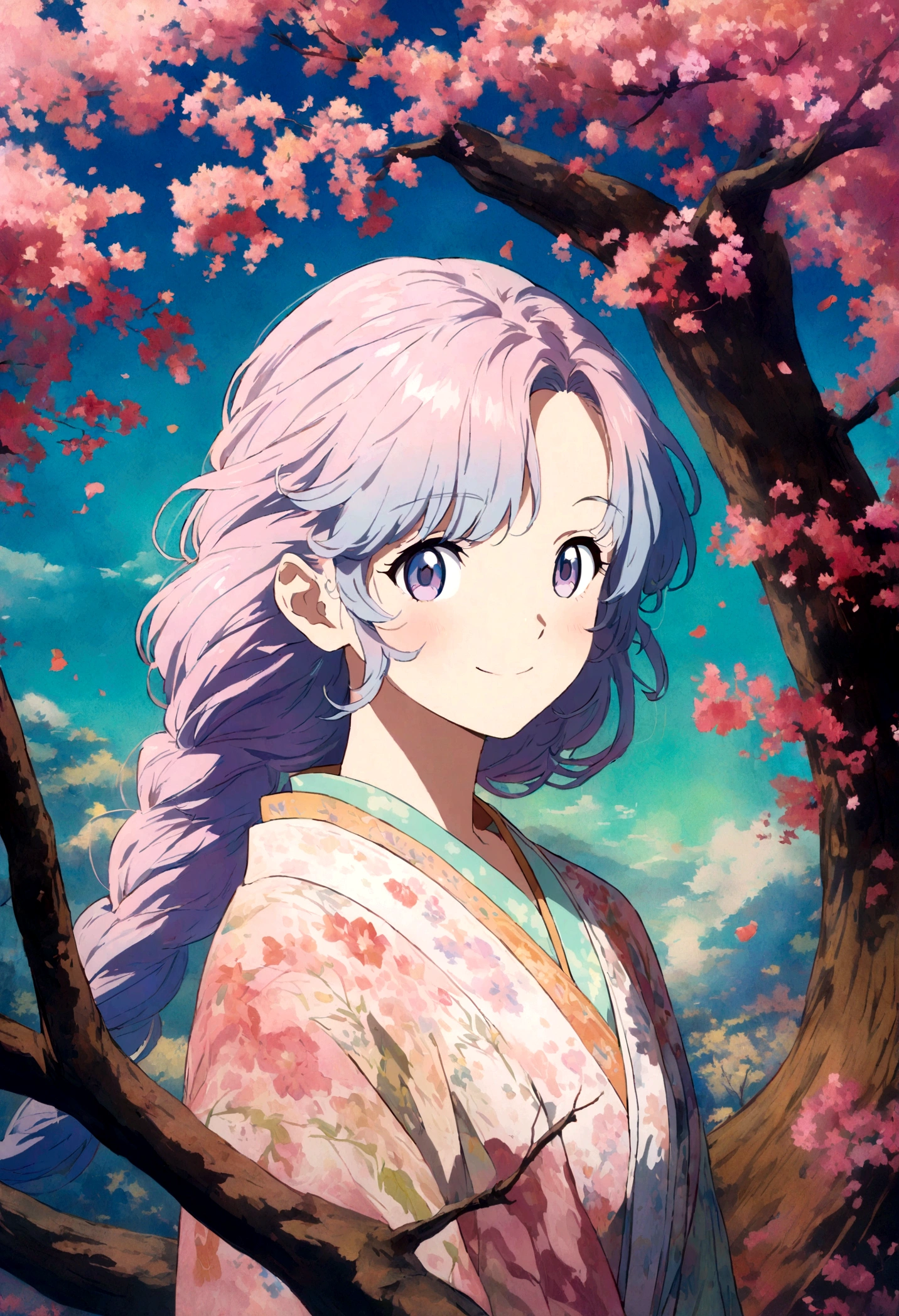 a woman in a kimono standing next to a tree smiling, an ultrafine detailed painting, anime nature, 90s anime influenced by Impressionism and has elements reminiscent of pastel or soft pastel paintings, bright harmonious colors, anime nature, pixiv, anime picture, in a tree, beautiful anime portrait, anime girl portrait, beautiful anime art, beautiful anime art style