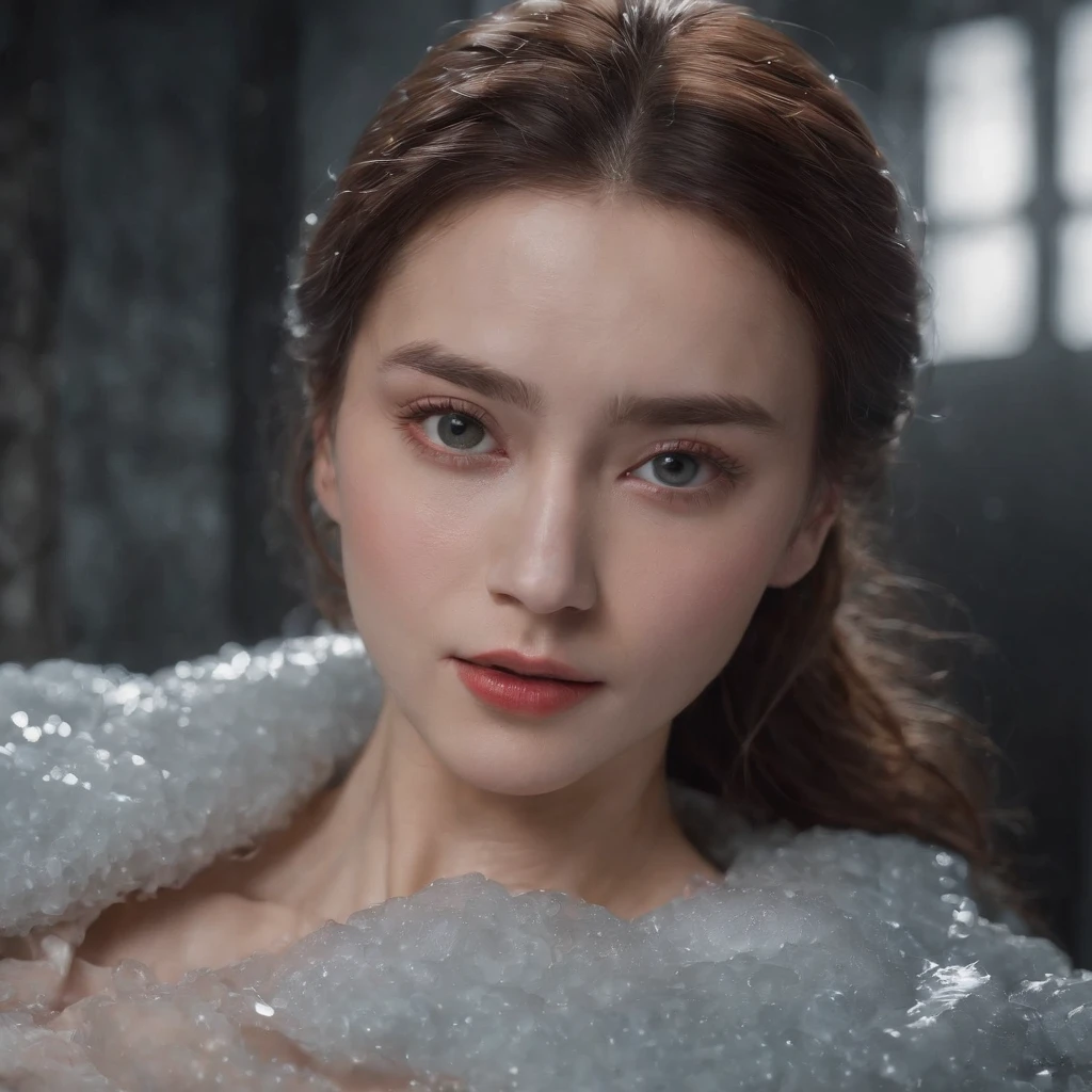 1 beautiful young woman in Manchukuo, 1941, frozen in thick rigid ice in a laboratory chamber, lying down shivering in fear, tears in her eyes, mouth opened, encased in ice, Unit 731 Harbin, Manchuria, China, best quality, 4k, 8k, highres, masterpiece, ultra-detailed, realistic, photorealistic, photo-realistic, HDR, UHD, studio lighting, ultra-fine painting, sharp focus, physically-based rendering, extreme detail description, professional, vivid colors, bokeh, horror, photography