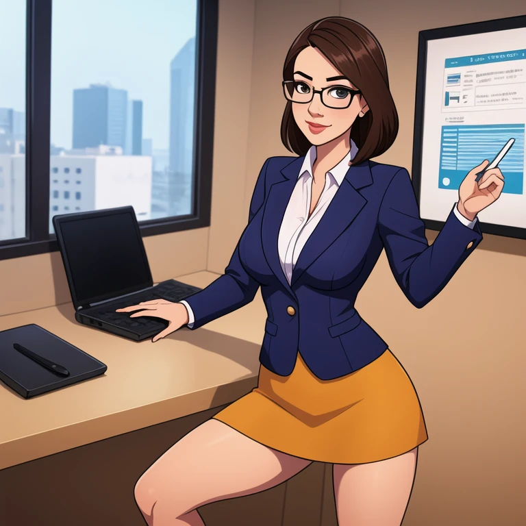 Beautiful business woman in official dress, real person, detailed body, live action, glasses, short skirt, office lady