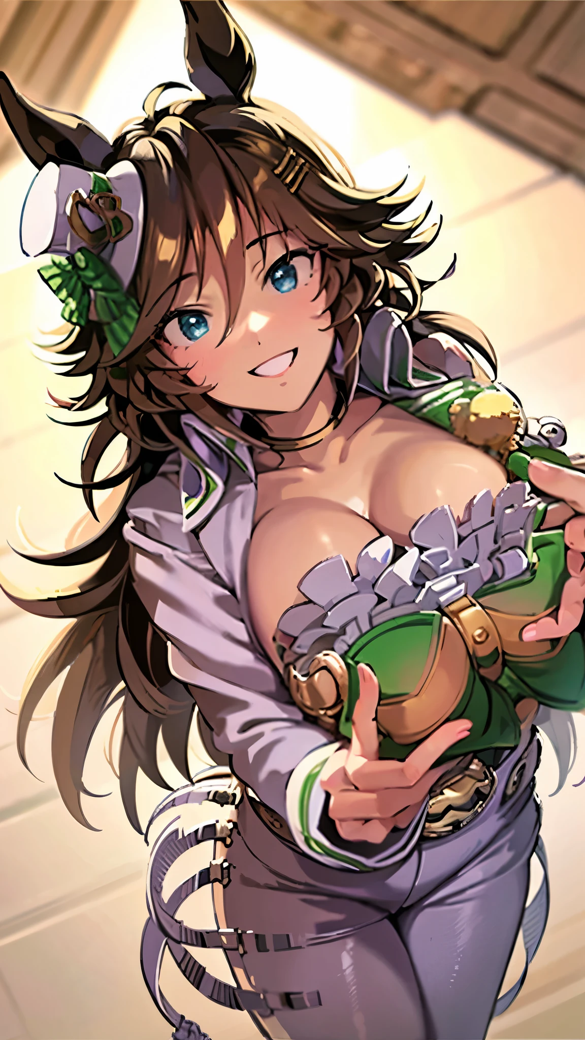 masterpiece, highest quality:1.2), umamusume, One Woman, alone,Shiny skin, 非常に非常にHuge breasts、Thick legs、とてもHuge breasts、Huge breasts、Are standing、Composition from the front、Smiling、Business Pants