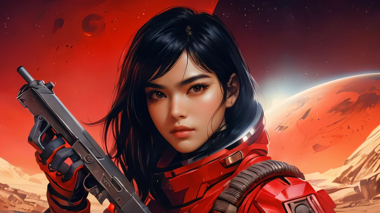 One beautiful woman。Detailed drawing of faces。Beautiful double eyelids。Straight nose。Well-shaped lips。Black Hair。Twenty years old。He has a serious expression on his face.。She wears a red combat suit、Carrying a large gun。She's standing in a wilderness that reminds me of Marasterpiece