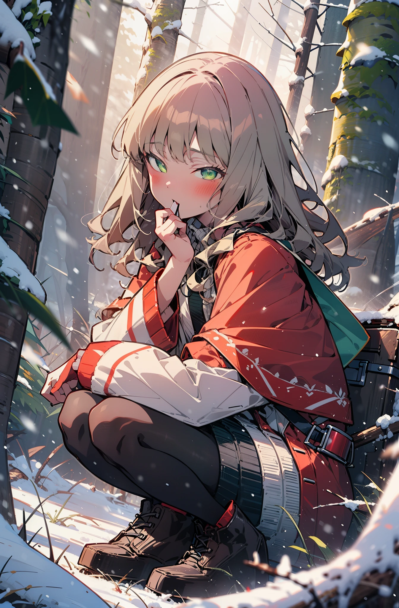 minami yume ,sss Dynazenon ,Long Hair, Brown Hair, (Green Eyes:1.5) ,blush,White Breath,
Open your mouth,snow,Ground bonfire, Outdoor, boots, snowing, From the side, wood, suitcase, Cape, Blurred, forest, White handbag, nature,  Squat, Mouth closed, Cape, winter, Written boundary depth, Black shoes, red Cape break looking at viewer, Upper Body, whole body, break Outdoor, forest, nature, break (masterpiece:1.2), highest quality, High resolution, unity 8k wallpaper, (shape:0.8), (Beautiful and beautiful eyes:1.6), Highly detailed face, Perfect lighting, Extremely detailed CG, (Perfect hands, Perfect Anatomy),