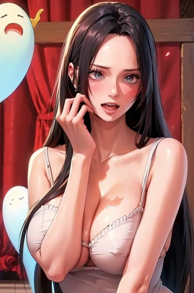 best quality, masterpiece, highly detailed,1girl, Boa Hancock, , (masterpiece:1.5), Detailed Photo, Smiling, Sexy, (8K, Best Quality: 1.4), (1girl), Beautiful Face, (anime realistic Face), (Black Hair, long Hair: 1.3), Beautiful Hairstyle, Realistic eyes, beautiful detail eyes, (white skin), beautiful skin, absurd, attractive, ultra high resolution, ultra realistic, high definition, golden ratio, (sexually aroused:1.5), Pinkish white skin, cool white light, sexy pose, Beautiful , white background, pink soft white light, Wear a black bodycon dress, (messy hair:1.5), (masturbate:1.5), (Ghost girl:1.5)