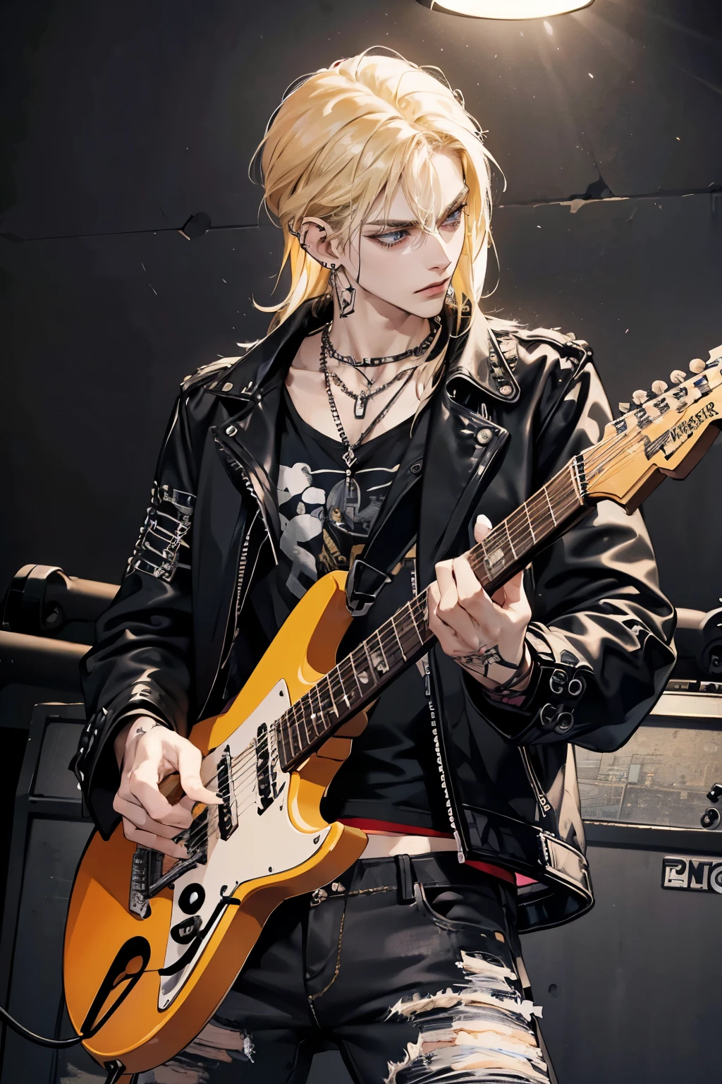 masterpiece, best quality, 1 male, adult, upper body, blond neck-length hair, guitarist, serious expression, punk outfit, black jacket, long ripped jeans, pierced ears, metal necklace, rock band t-shirt, modern, city night, ((holding electric guitar)), urban background, punk outfit, black jacket, long ripped jeans, pierced ears, metal necklace,