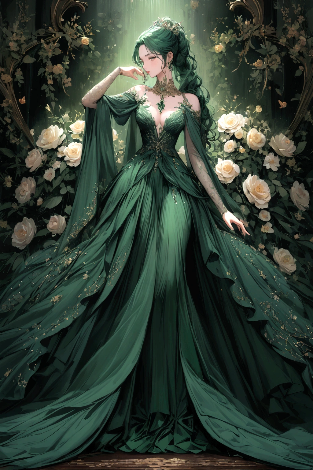 arafed woman in a green dress standing in front of a flowery background, Dark green dress, ornate dark green clothing, flowinggown, Green dress, dressed beautiful gown, Dark green tones, Dark green, an elegant green, beautiful flowing fabric, stunning elegant, extravagant dress, stunning elegant pose, elegant evening gowns!, flowy dress, graceful and elegant