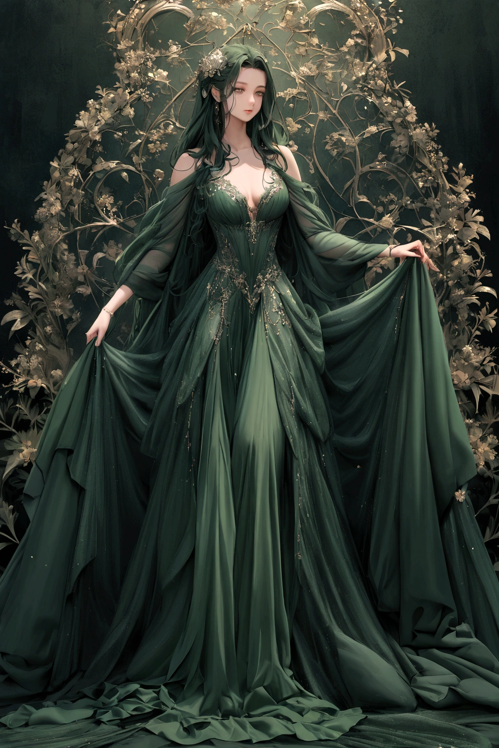 arafed woman in a green dress standing in front of a flowery background, Dark green dress, ornate dark green clothing, flowinggown, Green dress, dressed beautiful gown, Dark green tones, Dark green, an elegant green, beautiful flowing fabric, stunning elegant, extravagant dress, stunning elegant pose, elegant evening gowns!, flowy dress, graceful and elegant