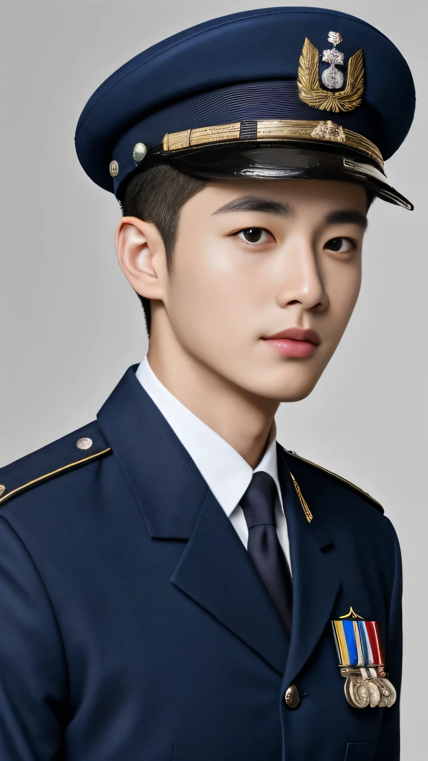 4k, (masterpiece), best quality, 2d, arafed man in a posing for a picture, Wearing Uniform,, Embroidered uniform guard, Wearing military uniform, yanjun chengt, Dressed in full military white, officer, Unified background, Wearing a general\of,Close-up photos,White,