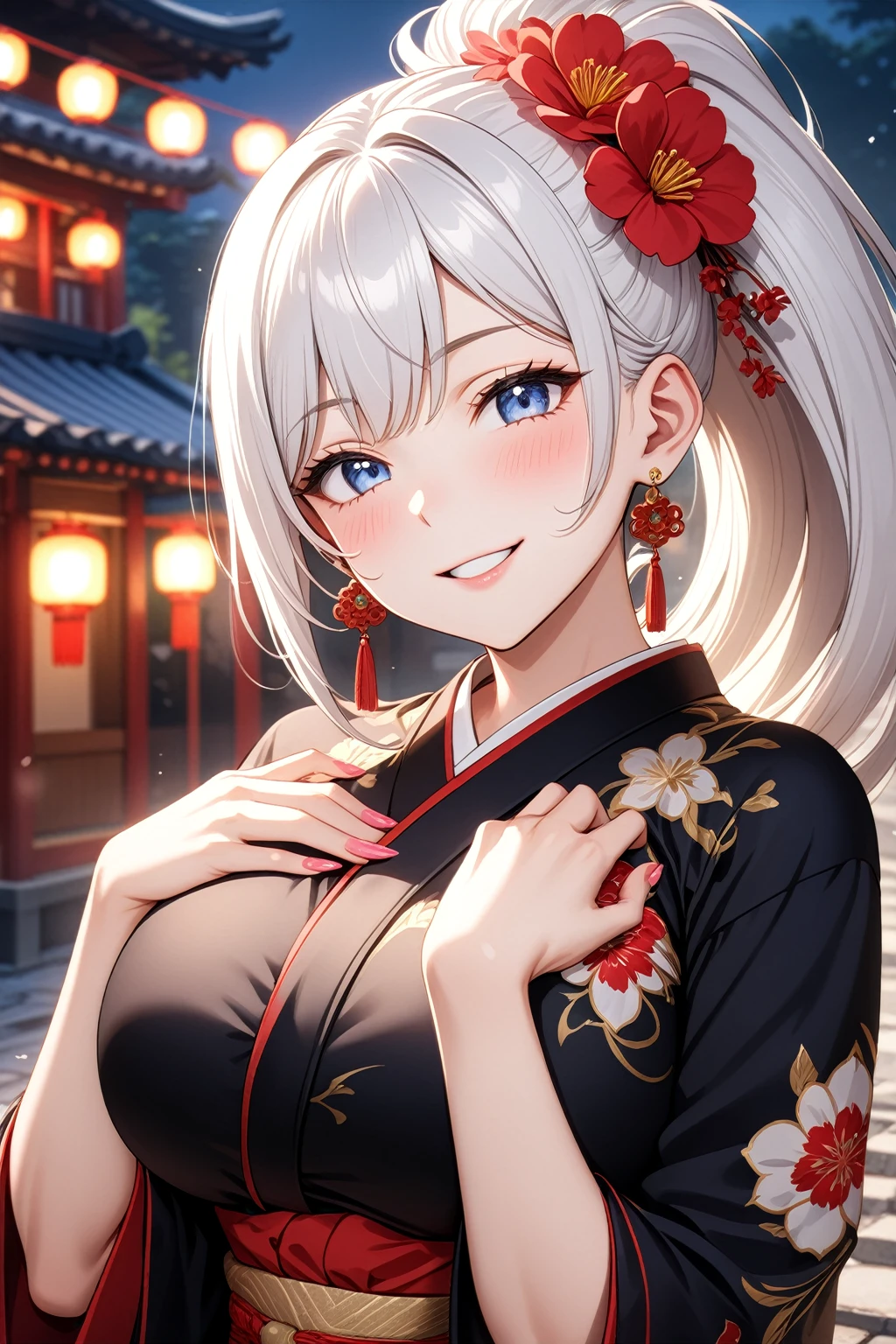 ((one personの女性)), Beautiful Face,Laugh shyly,((Wink:1.7)),Laughing with your mouth open,turn bright red,Glossy pink lips,night,Shrine festival sexpensives,((Anime style background)),masterpiece, highest quality, so beautiful, Latest, Complex details, (Pink long nails),AI-generated, Complex,High resolution, highest quality, super high quality,3D Images、View your viewers、3D Images,one person,Long white hair,High Ponytail,blue eyes,Anime woman posing for a photo, [[fine grain、Colorful eyes、Shining Eyes:1.15]],(Squint your eyes:1.1),a hyperRealistic , hyperRealistic , Realistic,Anime woman with long and white hair, Smooth anime CG art, A woman in a colorful kimono with gold embroidery, (Black kimono),Red floral pattern,Long flower hair ornament,Big earrings,(Big Breasts:1.1),Mature Body,expensive,Big Ass,Fine details,Tight waist,Abdominal muscles,(Face close-up:1.5),Tilt your face,Shooting from an angle,On the chest、Hold your hands together,