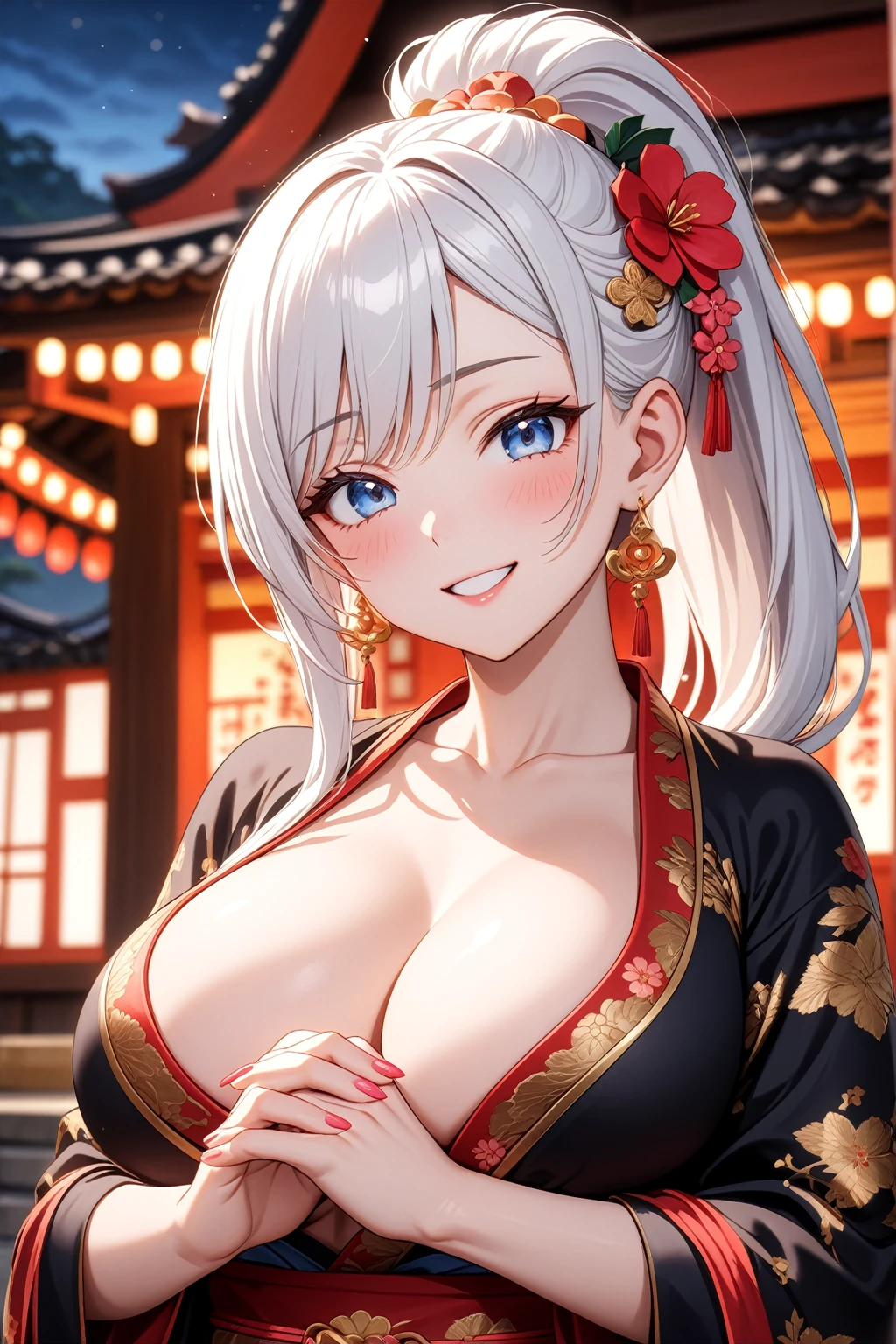 ((one personの女性)), Beautiful Face,Laugh shyly,((Wink:1.7)),Laughing with your mouth open,turn bright red,Glossy pink lips,night,Shrine festival sexpensives,((Anime style background)),masterpiece, highest quality, so beautiful, Latest, Complex details, (Pink long nails),AI-generated, Complex,High resolution, highest quality, super high quality,3D Images、View your viewers、3D Images,one person,Long white hair,High Ponytail,blue eyes,Anime woman posing for a photo, [[fine grain、Colorful eyes、Shining Eyes:1.15]],(Squint your eyes:1.1),a hyperRealistic , hyperRealistic , Realistic,Anime woman with long and white hair, Smooth anime CG art, A woman in a colorful kimono with gold embroidery, (Black kimono),Red floral pattern,Long flower hair ornament,Big earrings,(Big Breasts:1.1),Mature Body,expensive,Big Ass,Fine details,Tight waist,Abdominal muscles,(Face close-up:1.5),Tilt your face,Shooting from an angle,On the chest、Hold your hands together,